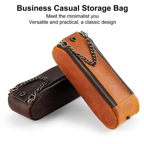 Vintage Genuine Leather Portable Double Zippers Pen Pouch Pencil Case