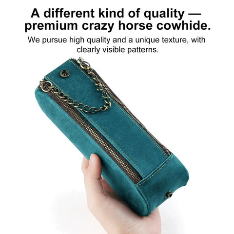 Vintage Genuine Leather Portable Double Zippers Pen Pouch Pencil Case