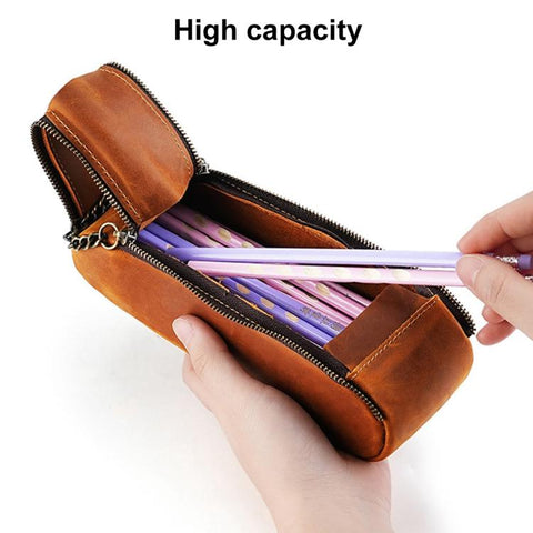 Vintage Genuine Leather Portable Double Zippers Pen Pouch Pencil Case