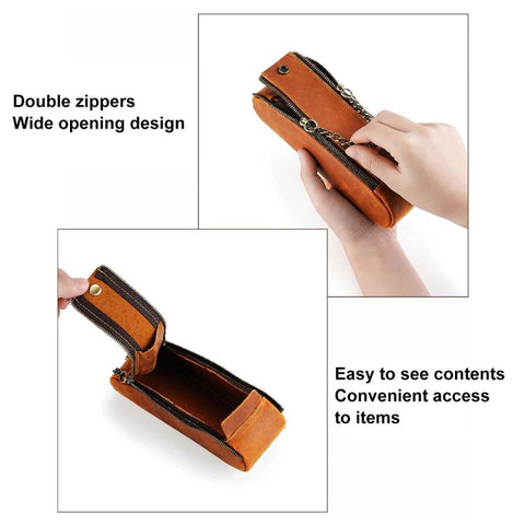 Vintage Genuine Leather Portable Double Zippers Pen Pouch Pencil Case