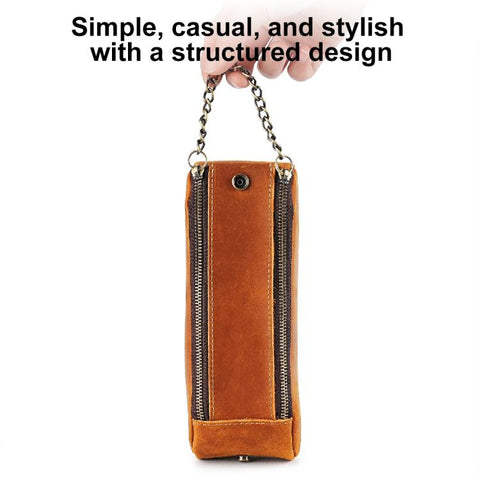 Vintage Genuine Leather Portable Double Zippers Pen Pouch Pencil Case