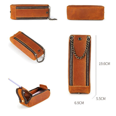 Vintage Genuine Leather Portable Double Zippers Pen Pouch Pencil Case