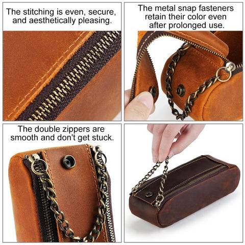 Vintage Genuine Leather Portable Double Zippers Pen Pouch Pencil Case