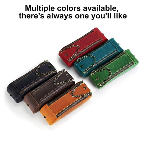 Vintage Genuine Leather Portable Double Zippers Pen Pouch Pencil Case