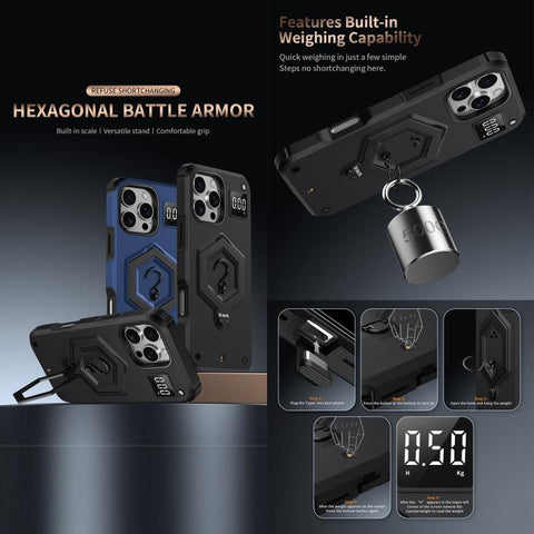 Hexagon Armor Magnetic Holder Weighing Scale Phone Case, For iPhone 14 / 13, For iPhone 14 Pro, For iPhone 14 Pro Max, For iPhone 13 Pro Max, For iPhone 13 Pro, For iPhone 12 Pro Max