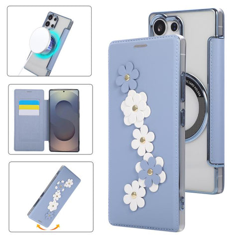 Floral Magnetic Electroplated Card Holder Vegan Leather Phone Case, For Samsung Galaxy S25 / S24 5G, For Samsung Galaxy S25+ / S24+ 5G, For Samsung Galaxy S25 Ultra 5G, For Samsung Galaxy S24 Ultra 5G, For Samsung Galaxy S23 Ultra 5G                   ...