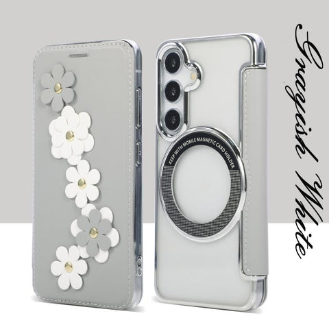Floral Magnetic Electroplated Card Holder Vegan Leather Phone Case, For Samsung Galaxy S25 / S24 5G, For Samsung Galaxy S25+ / S24+ 5G, For Samsung Galaxy S25 Ultra 5G, For Samsung Galaxy S24 Ultra 5G, For Samsung Galaxy S23 Ultra 5G                   ...