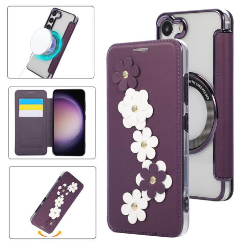 Floral Magnetic Electroplated Card Holder Vegan Leather Phone Case, For Samsung Galaxy S25 / S24 5G, For Samsung Galaxy S25+ / S24+ 5G, For Samsung Galaxy S25 Ultra 5G, For Samsung Galaxy S24 Ultra 5G, For Samsung Galaxy S23 Ultra 5G                   ...