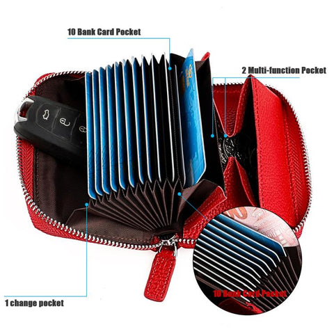 KB23 RFID Accordion Multi-card Slot Genuine Leather Zipper Card Bag
