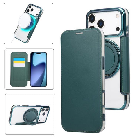 Ultra-thin Rotation Holder Magnetic Plating Vegan Leather Phone Case, For iPhone 18 Pro / 17 Pro, For iPhone 18 Pro Max / 17 Pro Max, For iPhone 17e / 16e, For iPhone 17, For iPhone Air, For iPhone 16 Pro Max