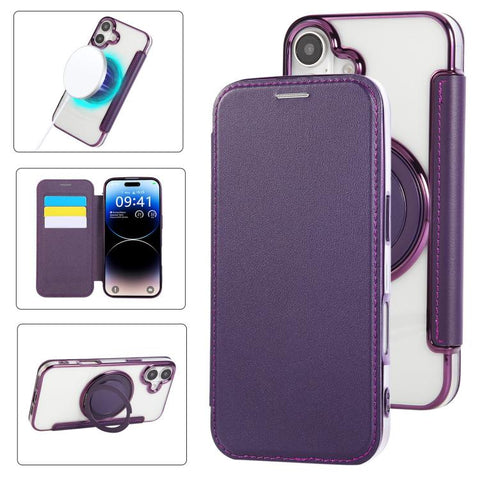 Ultra-thin Rotation Holder Magnetic Plating Vegan Leather Phone Case, For iPhone 18 Pro / 17 Pro, For iPhone 18 Pro Max / 17 Pro Max, For iPhone 17e / 16e, For iPhone 17, For iPhone Air, For iPhone 16 Pro Max