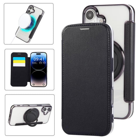 Ultra-thin Rotation Holder Magnetic Plating Vegan Leather Phone Case, For iPhone 18 Pro / 17 Pro, For iPhone 18 Pro Max / 17 Pro Max, For iPhone 17e / 16e, For iPhone 17, For iPhone Air, For iPhone 16 Pro Max