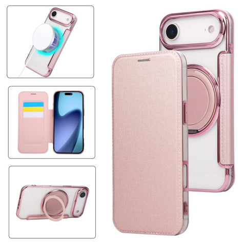Ultra-thin Rotation Holder Magnetic Plating Vegan Leather Phone Case, For iPhone 18 Pro / 17 Pro, For iPhone 18 Pro Max / 17 Pro Max, For iPhone 17e / 16e, For iPhone 17, For iPhone Air, For iPhone 16 Pro Max
