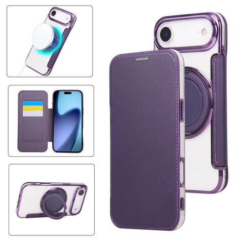Ultra-thin Rotation Holder Magnetic Plating Vegan Leather Phone Case, For iPhone 18 Pro / 17 Pro, For iPhone 18 Pro Max / 17 Pro Max, For iPhone 17e / 16e, For iPhone 17, For iPhone Air, For iPhone 16 Pro Max