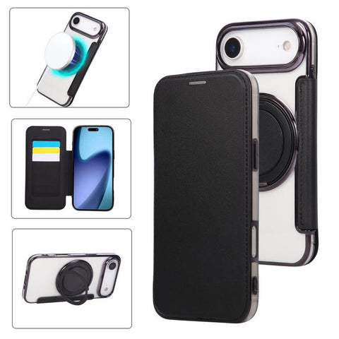 Ultra-thin Rotation Holder Magnetic Plating Vegan Leather Phone Case, For iPhone 18 Pro / 17 Pro, For iPhone 18 Pro Max / 17 Pro Max, For iPhone 17e / 16e, For iPhone 17, For iPhone Air, For iPhone 16 Pro Max