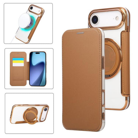 Ultra-thin Rotation Holder Magnetic Plating Vegan Leather Phone Case, For iPhone 18 Pro / 17 Pro, For iPhone 18 Pro Max / 17 Pro Max, For iPhone 17e / 16e, For iPhone 17, For iPhone Air, For iPhone 16 Pro Max