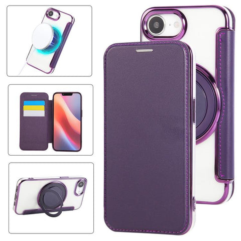 Ultra-thin Rotation Holder Magnetic Plating Vegan Leather Phone Case, For iPhone 18 Pro / 17 Pro, For iPhone 18 Pro Max / 17 Pro Max, For iPhone 17e / 16e, For iPhone 17, For iPhone Air, For iPhone 16 Pro Max