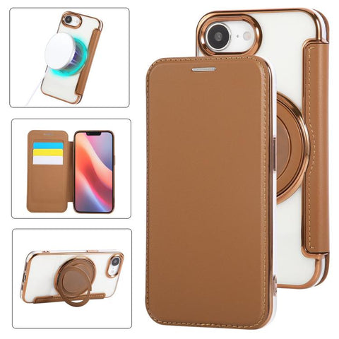 Ultra-thin Rotation Holder Magnetic Plating Vegan Leather Phone Case, For iPhone 18 Pro / 17 Pro, For iPhone 18 Pro Max / 17 Pro Max, For iPhone 17e / 16e, For iPhone 17, For iPhone Air, For iPhone 16 Pro Max