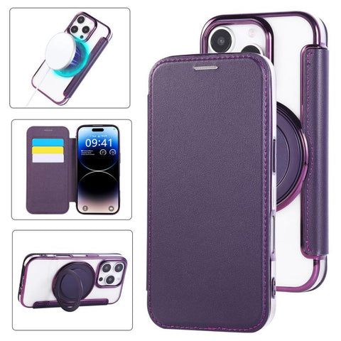 Ultra-thin Rotation Holder Magnetic Plating Vegan Leather Phone Case, For iPhone 18 Pro / 17 Pro, For iPhone 18 Pro Max / 17 Pro Max, For iPhone 17e / 16e, For iPhone 17, For iPhone Air, For iPhone 16 Pro Max