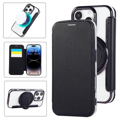 Ultra-thin Rotation Holder Magnetic Plating Vegan Leather Phone Case, For iPhone 18 Pro / 17 Pro, For iPhone 18 Pro Max / 17 Pro Max, For iPhone 17e / 16e, For iPhone 17, For iPhone Air, For iPhone 16 Pro Max