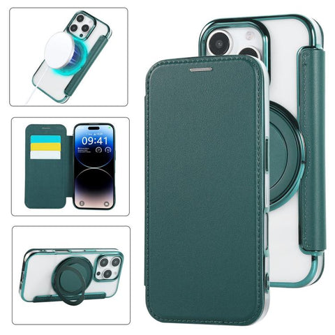 Ultra-thin Rotation Holder Magnetic Plating Vegan Leather Phone Case, For iPhone 18 Pro / 17 Pro, For iPhone 18 Pro Max / 17 Pro Max, For iPhone 17e / 16e, For iPhone 17, For iPhone Air, For iPhone 16 Pro Max