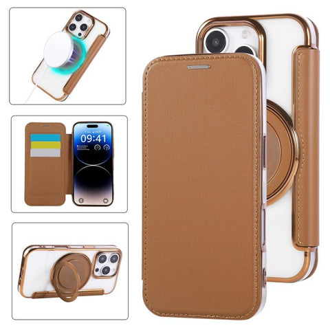 Ultra-thin Rotation Holder Magnetic Plating Vegan Leather Phone Case, For iPhone 18 Pro / 17 Pro, For iPhone 18 Pro Max / 17 Pro Max, For iPhone 17e / 16e, For iPhone 17, For iPhone Air, For iPhone 16 Pro Max