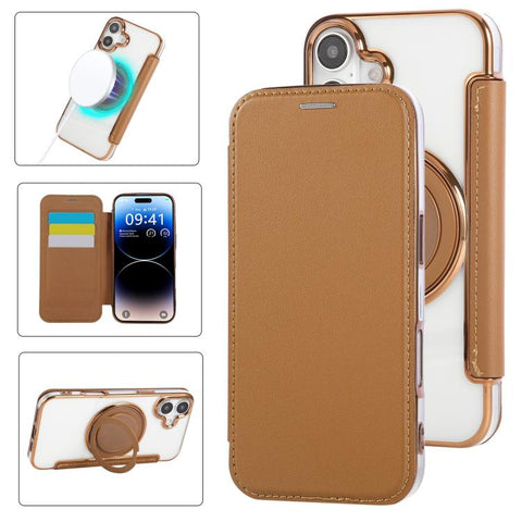 Ultra-thin Rotation Holder Magnetic Plating Vegan Leather Phone Case, For iPhone 16 Pro, For iPhone 16 Plus, For iPhone 16, For iPhone 15 Pro Max, For iPhone 15 Pro, For iPhone 15 Plus / 14 Plus