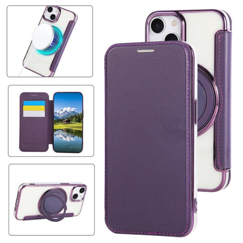 Ultra-thin Rotation Holder Magnetic Plating Vegan Leather Phone Case, For iPhone 15, For iPhone 14 / 13, For iPhone 14 Pro, For iPhone 14 Pro Max, For iPhone 13 Pro Max, For iPhone 13 Pro
