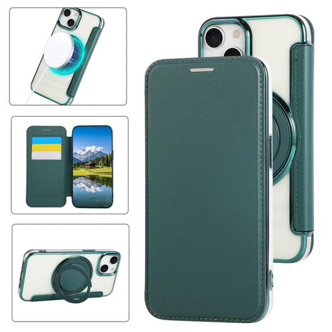 Ultra-thin Rotation Holder Magnetic Plating Vegan Leather Phone Case, For iPhone 15, For iPhone 14 / 13, For iPhone 14 Pro, For iPhone 14 Pro Max, For iPhone 13 Pro Max, For iPhone 13 Pro