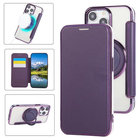 Ultra-thin Rotation Holder Magnetic Plating Vegan Leather Phone Case, For iPhone 12 / 12 Pro, For iPhone 12 Pro Max