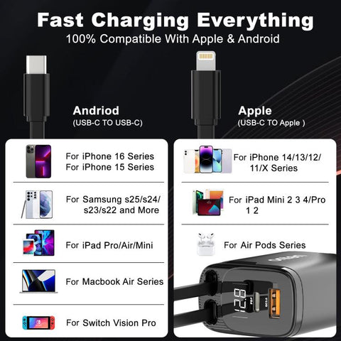 Onten CW72 4 in 1 USB-A and Type-C / USB-C Car Charger with 8 Pin and Type-C / USB-C Retractable Cable