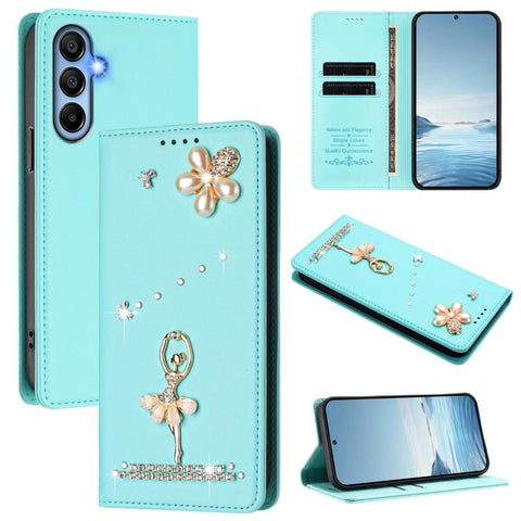 Ballet Girl Diamond Studded RFID Vegan Leather Phone Case, For Samsung Galaxy M15 5G / F15 5G, For Samsung Galaxy XCover7, For Samsung Galaxy A15 5G / 4G, For Samsung Galaxy A55 5G, For Samsung Galaxy A35 5G, For Samsung Galaxy M34 5G / F34 5G