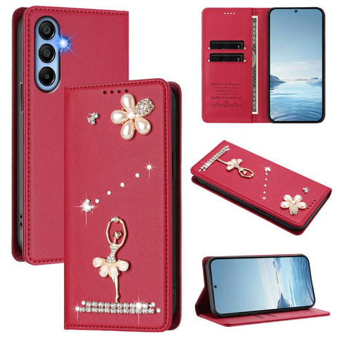 Ballet Girl Diamond Studded RFID Vegan Leather Phone Case, For Samsung Galaxy M15 5G / F15 5G, For Samsung Galaxy XCover7, For Samsung Galaxy A15 5G / 4G, For Samsung Galaxy A55 5G, For Samsung Galaxy A35 5G, For Samsung Galaxy M34 5G / F34 5G