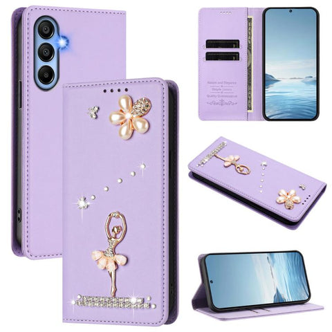 Ballet Girl Diamond Studded RFID Vegan Leather Phone Case, For Samsung Galaxy M15 5G / F15 5G, For Samsung Galaxy XCover7, For Samsung Galaxy A15 5G / 4G, For Samsung Galaxy A55 5G, For Samsung Galaxy A35 5G, For Samsung Galaxy M34 5G / F34 5G