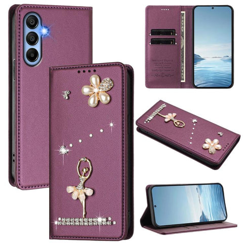 Ballet Girl Diamond Studded RFID Vegan Leather Phone Case, For Samsung Galaxy M15 5G / F15 5G, For Samsung Galaxy XCover7, For Samsung Galaxy A15 5G / 4G, For Samsung Galaxy A55 5G, For Samsung Galaxy A35 5G, For Samsung Galaxy M34 5G / F34 5G