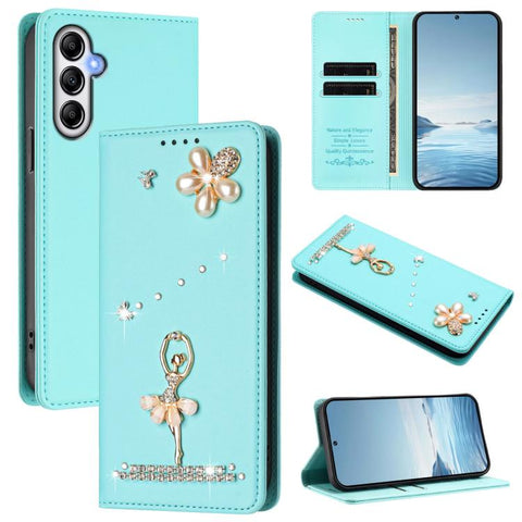 Ballet Girl Diamond Studded RFID Vegan Leather Phone Case, For Samsung Galaxy M15 5G / F15 5G, For Samsung Galaxy XCover7, For Samsung Galaxy A15 5G / 4G, For Samsung Galaxy A55 5G, For Samsung Galaxy A35 5G, For Samsung Galaxy M34 5G / F34 5G