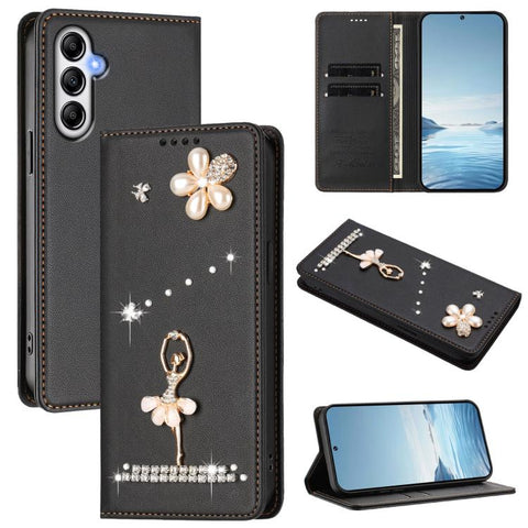 Ballet Girl Diamond Studded RFID Vegan Leather Phone Case, For Samsung Galaxy M15 5G / F15 5G, For Samsung Galaxy XCover7, For Samsung Galaxy A15 5G / 4G, For Samsung Galaxy A55 5G, For Samsung Galaxy A35 5G, For Samsung Galaxy M34 5G / F34 5G