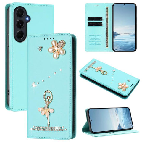 Ballet Girl Diamond Studded RFID Vegan Leather Phone Case, For Samsung Galaxy M15 5G / F15 5G, For Samsung Galaxy XCover7, For Samsung Galaxy A15 5G / 4G, For Samsung Galaxy A55 5G, For Samsung Galaxy A35 5G, For Samsung Galaxy M34 5G / F34 5G