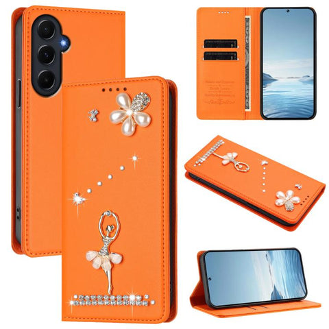 Ballet Girl Diamond Studded RFID Vegan Leather Phone Case, For Samsung Galaxy M15 5G / F15 5G, For Samsung Galaxy XCover7, For Samsung Galaxy A15 5G / 4G, For Samsung Galaxy A55 5G, For Samsung Galaxy A35 5G, For Samsung Galaxy M34 5G / F34 5G