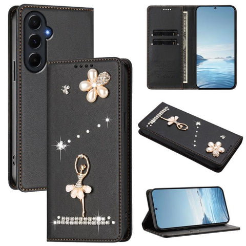 Ballet Girl Diamond Studded RFID Vegan Leather Phone Case, For Samsung Galaxy M15 5G / F15 5G, For Samsung Galaxy XCover7, For Samsung Galaxy A15 5G / 4G, For Samsung Galaxy A55 5G, For Samsung Galaxy A35 5G, For Samsung Galaxy M34 5G / F34 5G