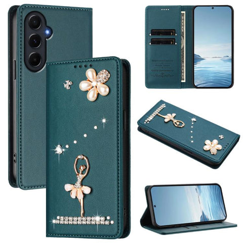 Ballet Girl Diamond Studded RFID Vegan Leather Phone Case, For Samsung Galaxy M15 5G / F15 5G, For Samsung Galaxy XCover7, For Samsung Galaxy A15 5G / 4G, For Samsung Galaxy A55 5G, For Samsung Galaxy A35 5G, For Samsung Galaxy M34 5G / F34 5G