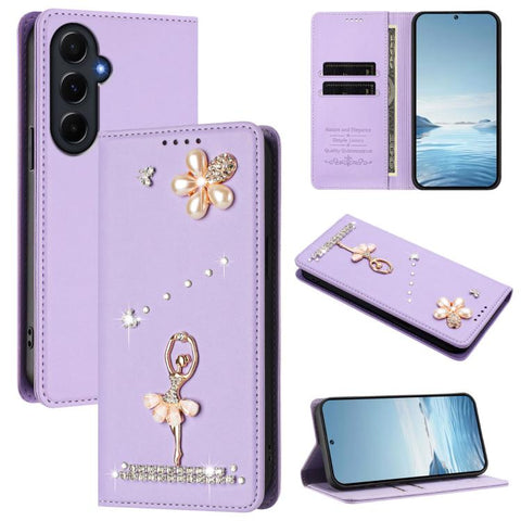 Ballet Girl Diamond Studded RFID Vegan Leather Phone Case, For Samsung Galaxy M15 5G / F15 5G, For Samsung Galaxy XCover7, For Samsung Galaxy A15 5G / 4G, For Samsung Galaxy A55 5G, For Samsung Galaxy A35 5G, For Samsung Galaxy M34 5G / F34 5G