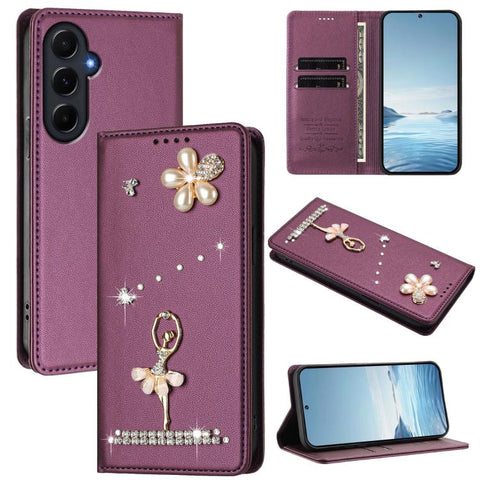 Ballet Girl Diamond Studded RFID Vegan Leather Phone Case, For Samsung Galaxy M15 5G / F15 5G, For Samsung Galaxy XCover7, For Samsung Galaxy A15 5G / 4G, For Samsung Galaxy A55 5G, For Samsung Galaxy A35 5G, For Samsung Galaxy M34 5G / F34 5G
