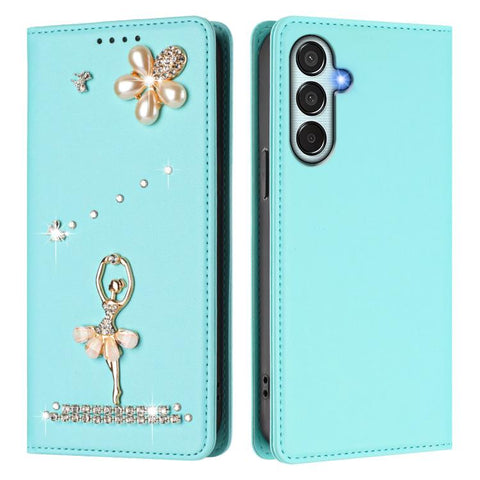 Ballet Girl Diamond Studded RFID Vegan Leather Phone Case, For Samsung Galaxy M15 5G / F15 5G, For Samsung Galaxy XCover7, For Samsung Galaxy A15 5G / 4G, For Samsung Galaxy A55 5G, For Samsung Galaxy A35 5G, For Samsung Galaxy M34 5G / F34 5G