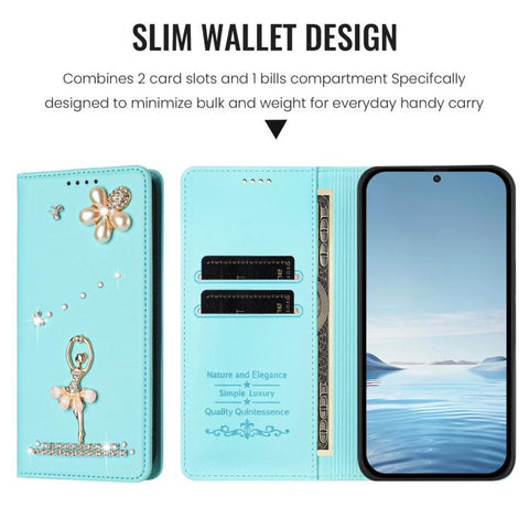 Ballet Girl Diamond Studded RFID Vegan Leather Phone Case, For Samsung Galaxy M15 5G / F15 5G, For Samsung Galaxy XCover7, For Samsung Galaxy A15 5G / 4G, For Samsung Galaxy A55 5G, For Samsung Galaxy A35 5G, For Samsung Galaxy M34 5G / F34 5G