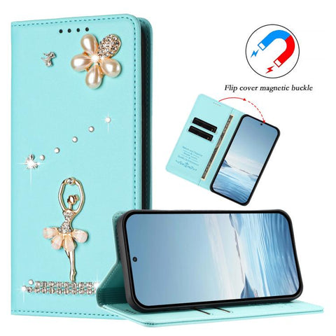 Ballet Girl Diamond Studded RFID Vegan Leather Phone Case, For Samsung Galaxy M15 5G / F15 5G, For Samsung Galaxy XCover7, For Samsung Galaxy A15 5G / 4G, For Samsung Galaxy A55 5G, For Samsung Galaxy A35 5G, For Samsung Galaxy M34 5G / F34 5G