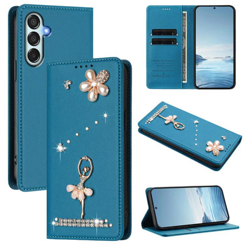 Ballet Girl Diamond Studded RFID Vegan Leather Phone Case, For Samsung Galaxy M15 5G / F15 5G, For Samsung Galaxy XCover7, For Samsung Galaxy A15 5G / 4G, For Samsung Galaxy A55 5G, For Samsung Galaxy A35 5G, For Samsung Galaxy M34 5G / F34 5G