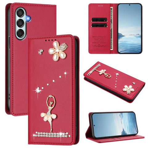 Ballet Girl Diamond Studded RFID Vegan Leather Phone Case, For Samsung Galaxy M15 5G / F15 5G, For Samsung Galaxy XCover7, For Samsung Galaxy A15 5G / 4G, For Samsung Galaxy A55 5G, For Samsung Galaxy A35 5G, For Samsung Galaxy M34 5G / F34 5G