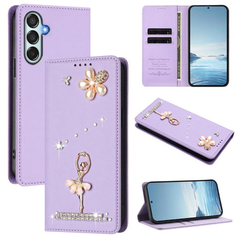 Ballet Girl Diamond Studded RFID Vegan Leather Phone Case, For Samsung Galaxy M15 5G / F15 5G, For Samsung Galaxy XCover7, For Samsung Galaxy A15 5G / 4G, For Samsung Galaxy A55 5G, For Samsung Galaxy A35 5G, For Samsung Galaxy M34 5G / F34 5G