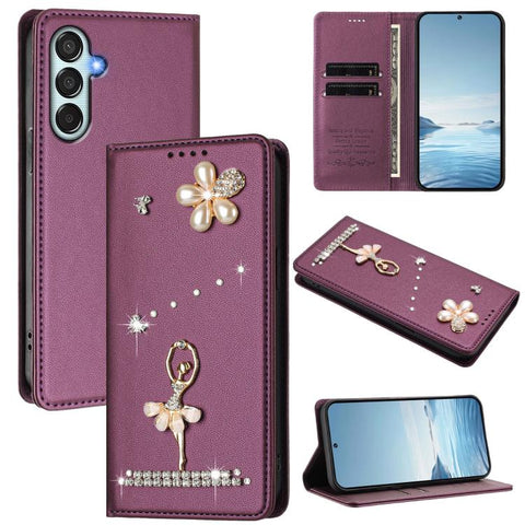 Ballet Girl Diamond Studded RFID Vegan Leather Phone Case, For Samsung Galaxy M15 5G / F15 5G, For Samsung Galaxy XCover7, For Samsung Galaxy A15 5G / 4G, For Samsung Galaxy A55 5G, For Samsung Galaxy A35 5G, For Samsung Galaxy M34 5G / F34 5G